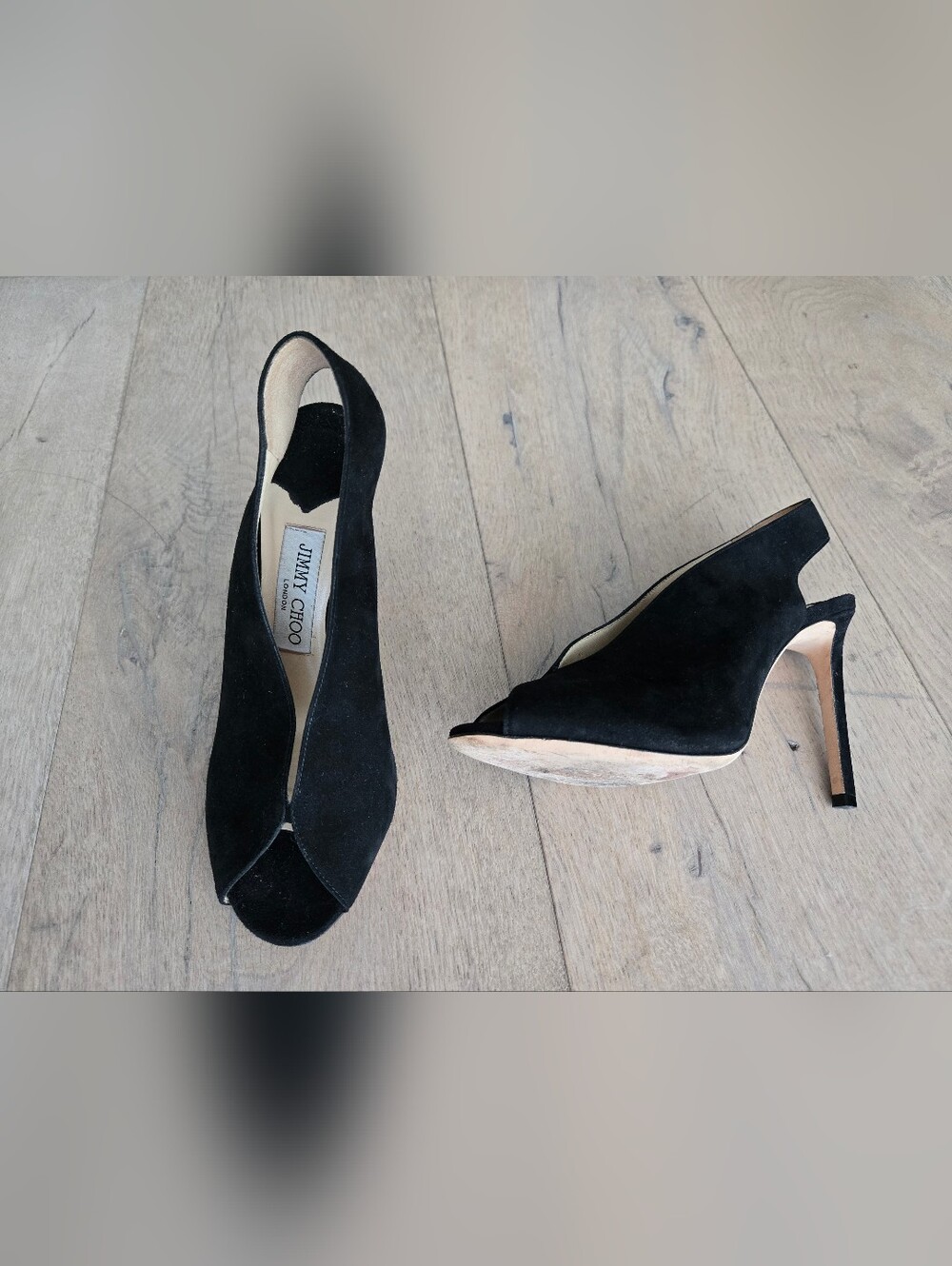 Jimmy Choo Black Suede Peep-Toe Slingback Heels